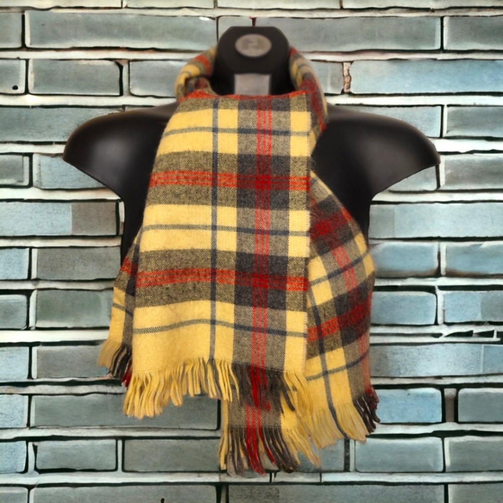 Plaid yellow/red/gray scarf made for Tie Rack in France. 100% acrylic.